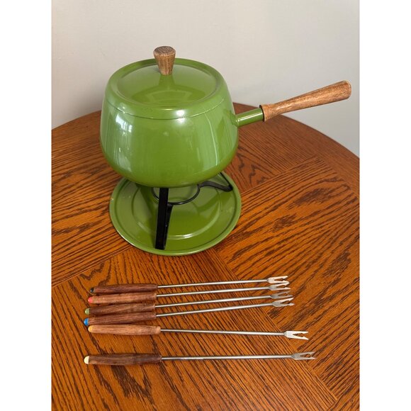 Vintage MCM Green Fondue Pot with Skewers Avocado Green - Picture 2 of 8
